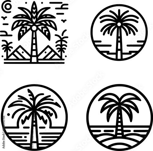 set of monochrome palm tree icon in line style, perfect for tropical summer designs