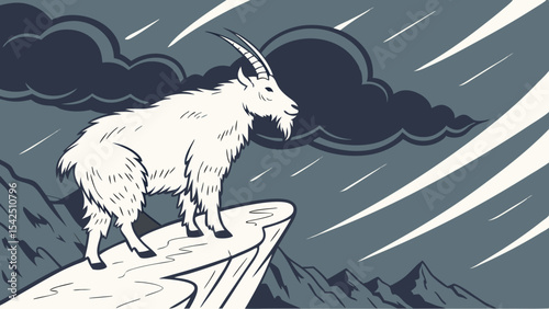 Illustration of a mountain goat standing on a cliff edge in a storm weather vector drawing design art 100