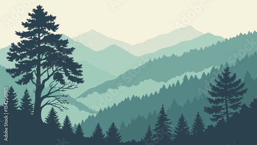 Misty mountain landscape vector illustration with pine trees and forest scenery for nature backgrounds