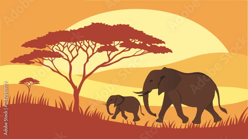 African safari landscape with elephants at sunset vector illustration for travel and wildlife theme design