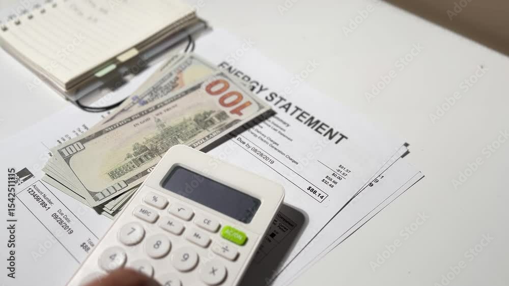 A man carefully reviews his energy charges, noting figures in a notebook beside physical cash and a calculator, capturing a realistic moment of utility cost control and home budgeting efforts.

