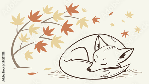 Cute sleeping fox autumn leaves vector illustration for fall season design and decoration art print