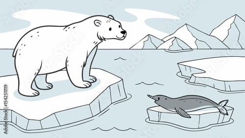 Polar bear and narwhal on ice floes in arctic scenery drawing for kids coloring page illustration art 100