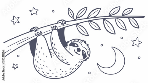 Cute sloth hanging on a branch coloring page for kids and adults printable vector illustration