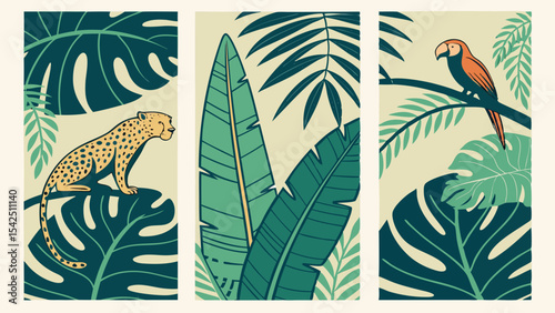 Tropical rainforest illustration with leopard parrot and exotic leaves wall art design vector
