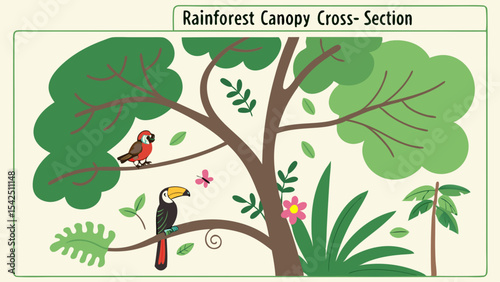 Explore the lush rainforest canopy cross section with tropical birds and plant life illustration art design