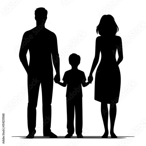 A black and white silhouette of a father and mother holding their son's hands on a white isolated background. Vector graphics. EPS.