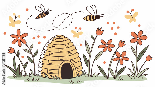Beehive with bees and flowers illustration in garden vector art for nature and spring themed designs and projects