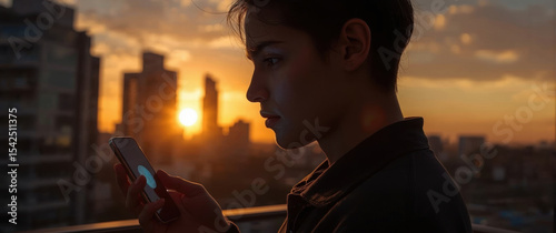 Young woman using smartphone on a balcony at sunset with city skyline in the background