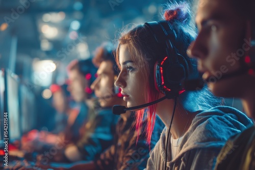 Side view of a multicultural group of gamers in a global eSports competition with a teenage girl in headphones focused on her computer