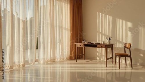 Minimalist workspace with wooden desk and chair near large window with sheer curtains in warm natural light