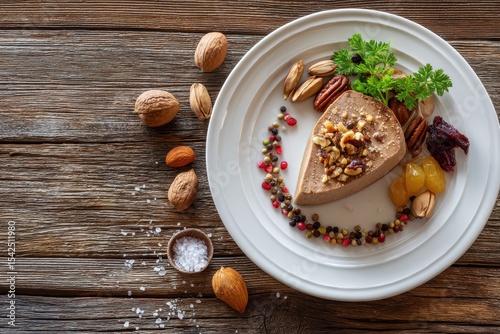 Wallpaper Mural Top down view of a wooden table featuring a dish of French foie gras accompanied by nuts pepper salt and dried fruits with room for text Torontodigital.ca