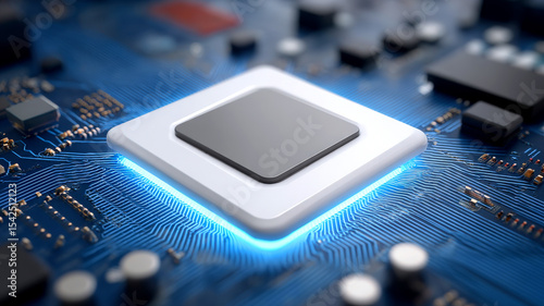 Close up of glowing microchip on blue circuit board, showcasing intricate electronic components and pathways. image highlights advanced technology and precision engineering