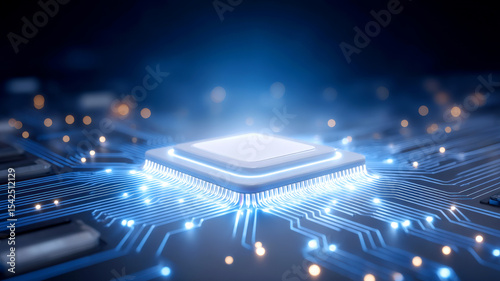 Glowing microchip on circuit board symbolizes advanced technology and innovation. blue light trails represent data flow and connectivity, highlighting digital age