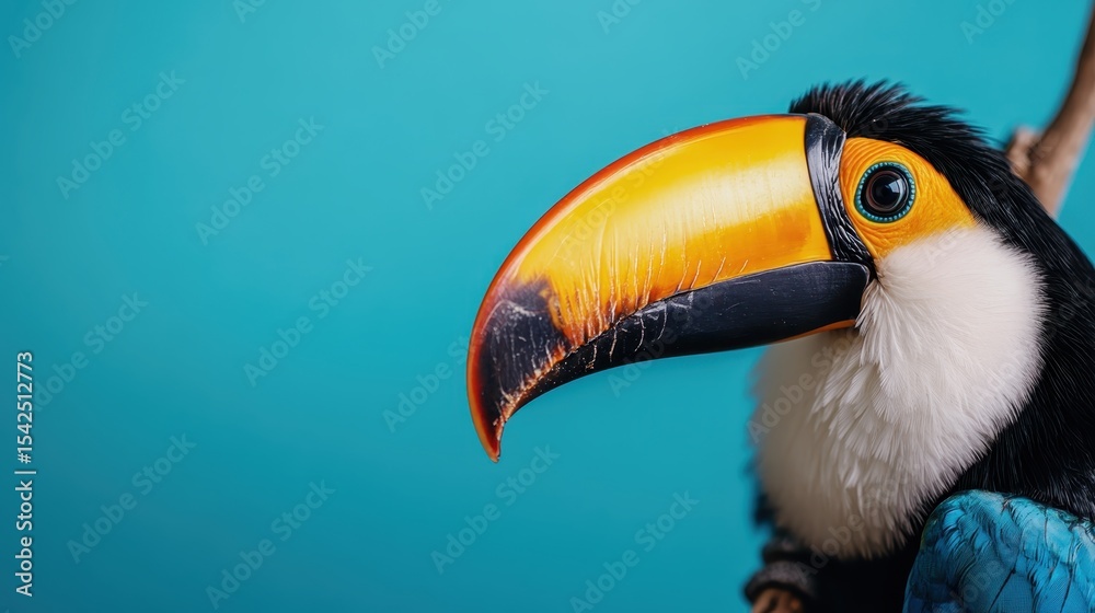 Naklejka premium Featuring a close-up of a vibrant toucan highlights the beauty of wildlife and biodiversity, reflecting the colorful exuberance of nature's creations in tropical environments.