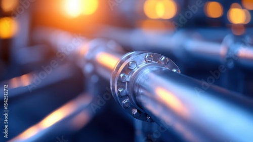 An artistic close-up of industrial pipes illuminated by warm dusk light, highlighting the interplay of technology and nature in a modern industrial landscape.