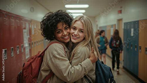 Two smiling teenage girls hugging in a school hallway with lockers in the background