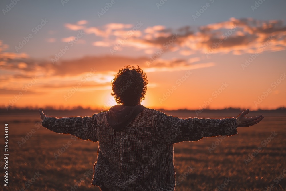 Fototapeta premium Discovering inner joy Young man in a vast field arms open to the warm sunrise Mind body and spirit idea
