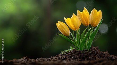 A delightful display of vibrant yellow tulips emerging from rich soil, symbolizing springtime renewal and the beauty of nature's colorful blossoms.
