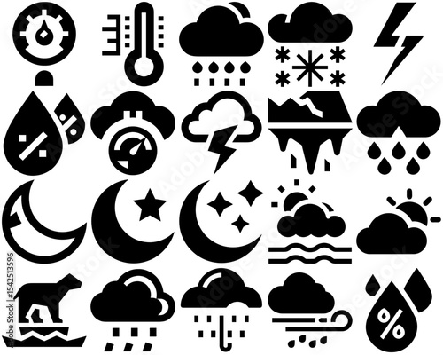 Weather and Climate Icon Set Featuring Black Silhouettes for Design