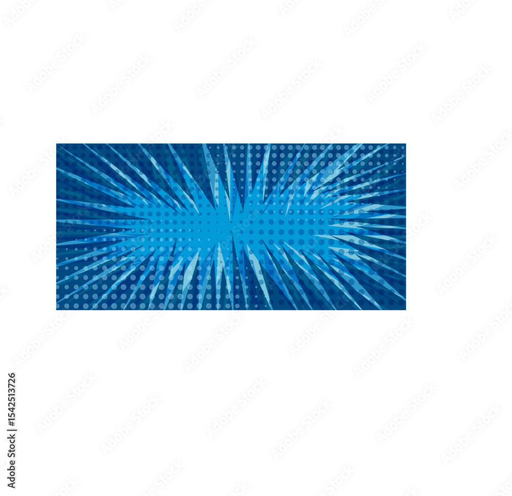 Vibrant overlay turquoise blue exploding retro comic background with dotted halftone shadow and dark light stripes. Ultramarine backdrop with dots texture for comics advertising design, poster
