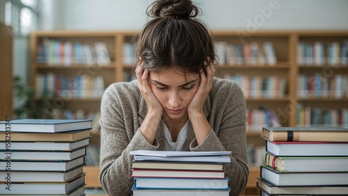 Young woman studying in a library surrounded by stacks of books, looking stressed and overwhelmed