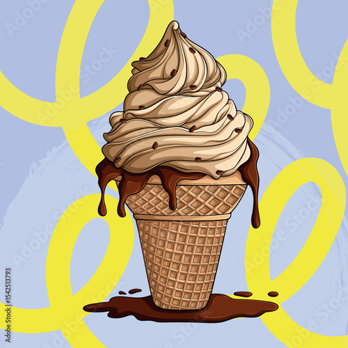 Hand-Drawn Chocolate Swirl Ice Cream in Waffle Cone with Dripping Topping and Sprinkles