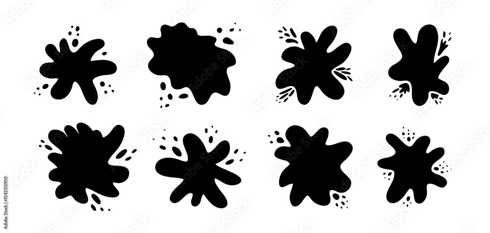 Doodle set of black vector ink splashes with oval drops. Isolated unique freehand liquid organic inky blots with spray spots for graphic design, social media stamps, shadows and templates