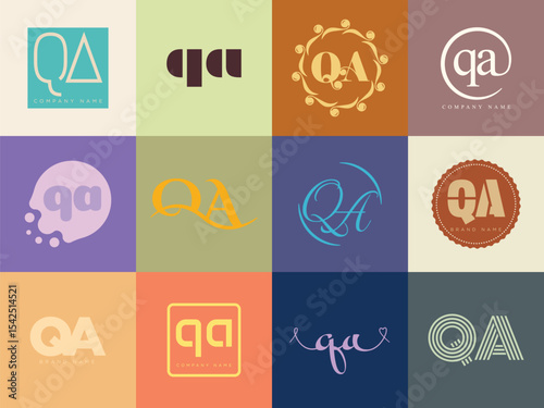 QA logo company template. Letter q and a logotype. Set different classic serif lettering and modern bold text with design elements. Initial font typography.