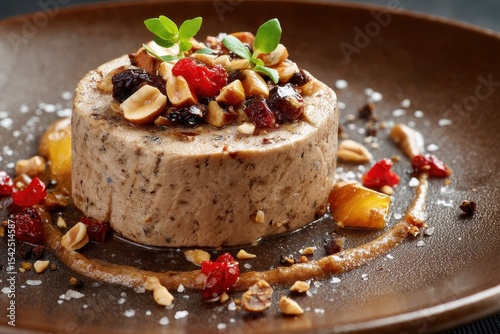 Top view close up of French foie gras accompanied by nuts pepper salt and dried fruits on a brown plate