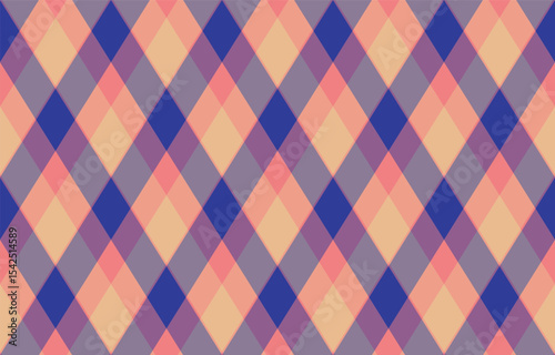 Argyle pattern of geometric rhombus. Harlequin check wallpaper design. Classic diamond shaped textile material for web background, print fabric clothing, sweater, wrapping paper, gift card, invitation