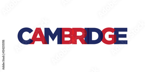 Cambridge city in the United Kingdom design features a geometric style illustration with bold typography in a modern font on white background.