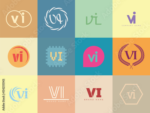 VI logo company template. Letter v and i logotype. Set different classic serif lettering and modern bold text with design elements. Initial font typography.