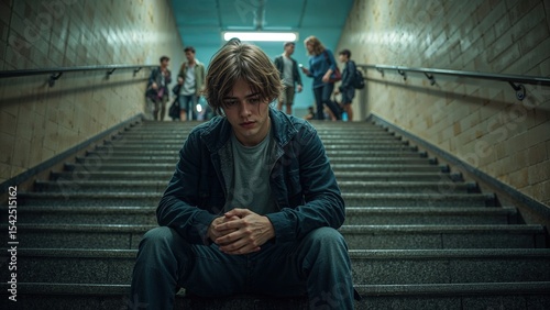 Sad young man sitting on stairs in subway station with group of people in the background