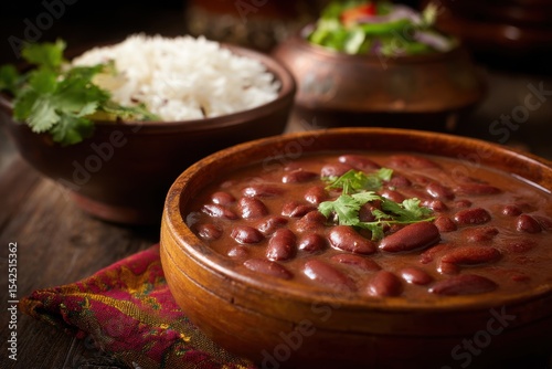 Rajma a favored North Indian dish features cooked red kidney beans in a spiced thick gravy It s served in a bowl with cumin rice and green salad
