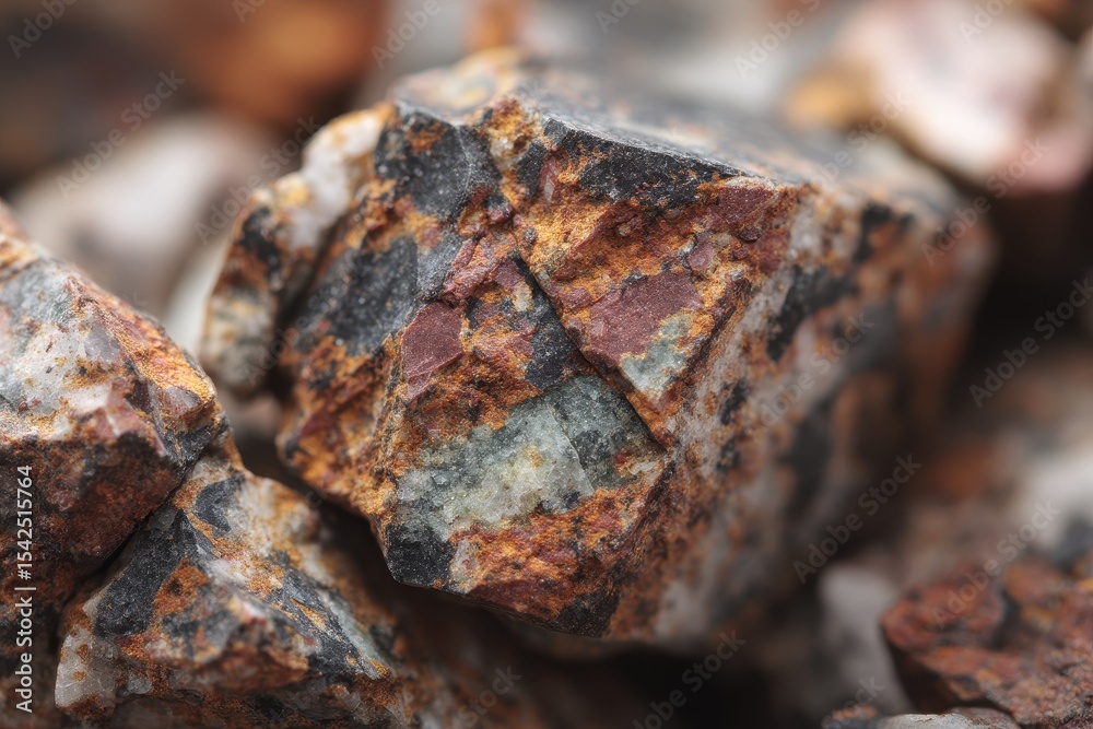 Fototapeta premium Rock consists of magnetite with iron and magnesium oxide along with microsyenite limestone and granite fragments Textures include spotted breccia and collomorphic Location Teis