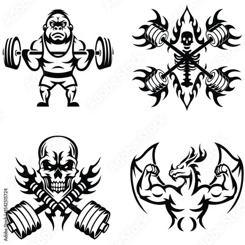 Powerful Weightlifting Illustrations Strongman, Skull, Dragon & Skeleton Designs