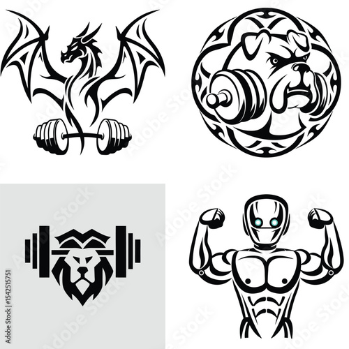 Powerful Strength Dragon, Bulldog, Lion, and Robot Fitness Illustrations