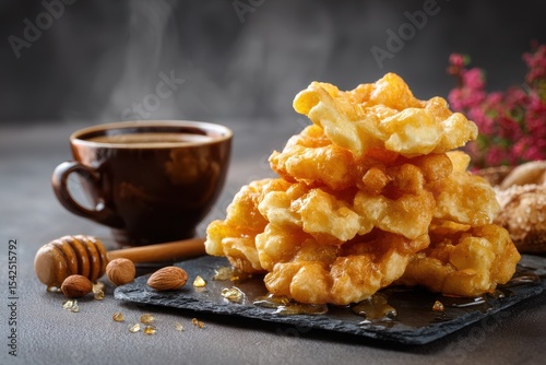 Chak chak a traditional Asian fried dough dessert drizzled with honey alongside Eastern sweets and coffee on a gray backdrop Focused view