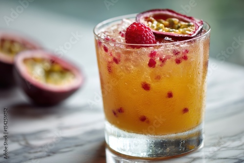 Wallpaper Mural Glass of passion fruit chili raspberry cocktail on a marble table with a white backdrop in a copper cup Torontodigital.ca