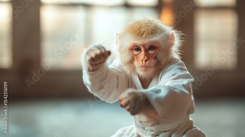 A monkey dressed in a karate gi strikes a playful pose, showcasing an amusing blend of martial arts with an adorable twist that brings joy and laughter to viewers.