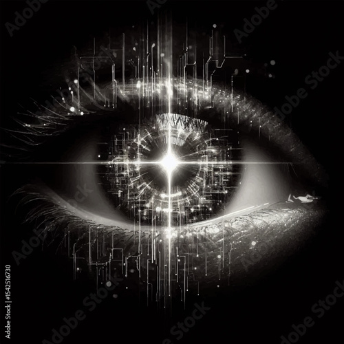Black and white illustration of a human eye equipped with digital cybernetic elements on a black background. Vector graphics. EPS.