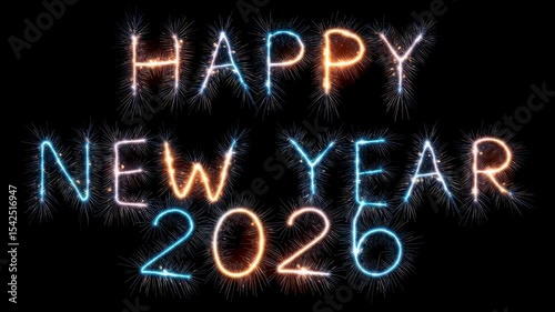 Happy New Year 2026 greeting text made of glowing sparklers