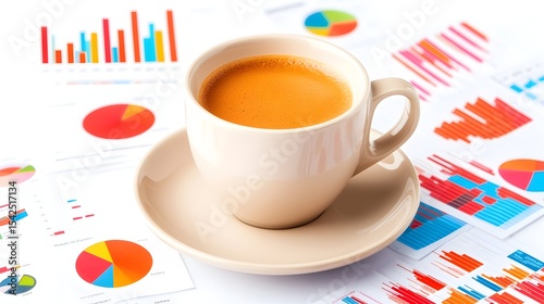Coffee break amidst colorful financial charts