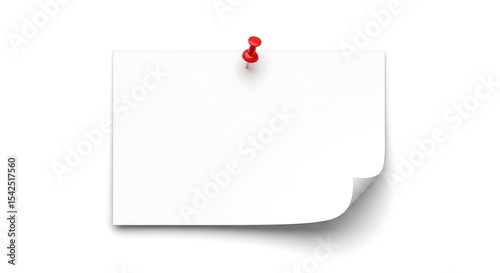 A blank white rectangular note with a curled corner is pinned to a surface with a red pushpin. Isolated on white with a drop shadow.