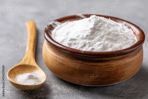 Container of sodium bicarbonate with a wooden spoon used industrially and in cooking as an antacid or leavening agent