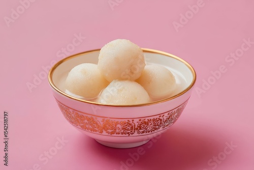 This sweet dish known as Rasgulla or Rosogolla is presented in a white bowl with a gold rim against a pink backdrop photo