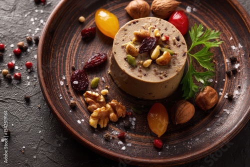 Top view close up of French foie gras on a brown plate with nuts pepper salt and dried fruits