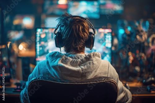 Wallpaper Mural Young gamer in a dark room wearing headphones sits at a computer playing an action game Torontodigital.ca