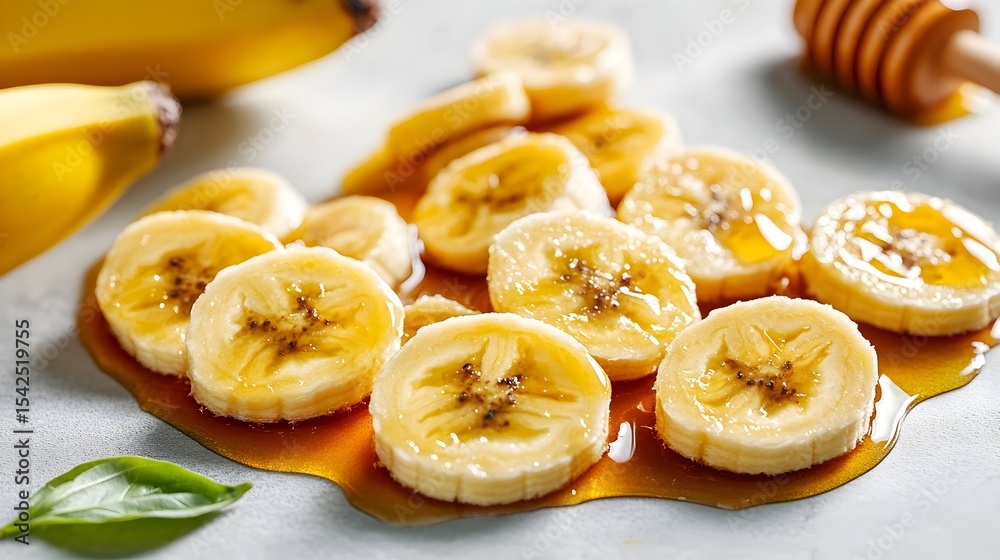 Honey-drizzled banana slices, kitchen counter, breakfast Honey-drizzled banana slices, kitchen counter, breakfast